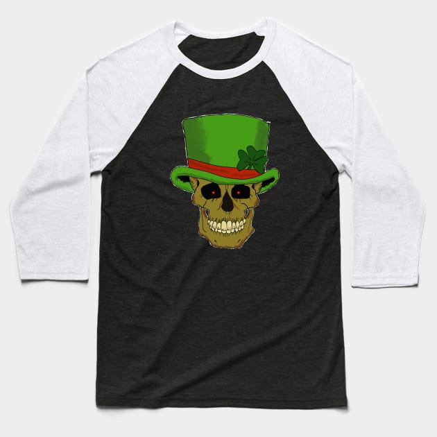 Grinning Leprechaun Skull with Top Hat Baseball T-Shirt by Turnersartandcrafts